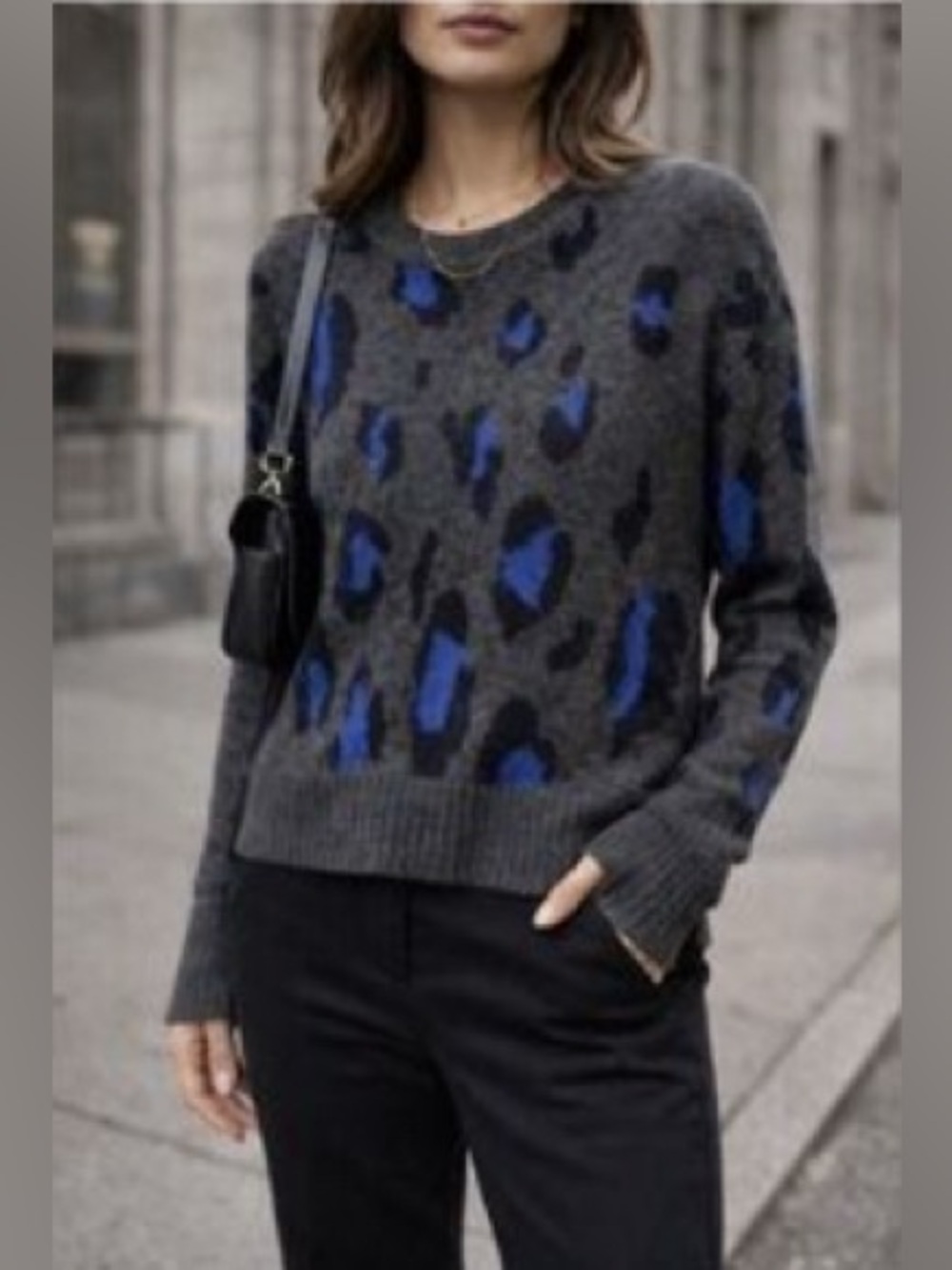 ❤️ Athleta Large Women's Wool Cashmere Gray Blue Leopard Animal Print Sweater B3